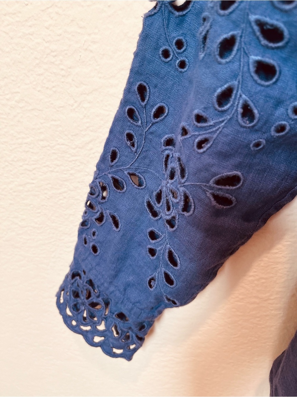Womens Blue Linen  Eyelet Cutout Button-Up Blouse - Picture 5 of 11